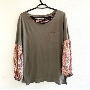 Free People Bohemian Tee Size XS Olive Green Contrast Sleeve